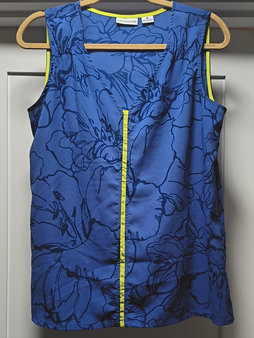Liz Claiborne Royal Blue Floral Sleeveless Top with Neon Yellow Trim